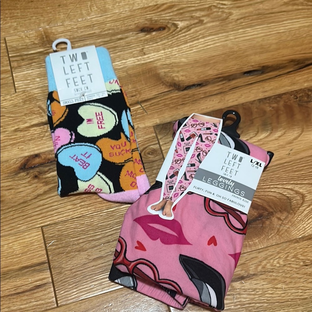 Two Left Feet Brand Pink and Black Leggings and matching socks